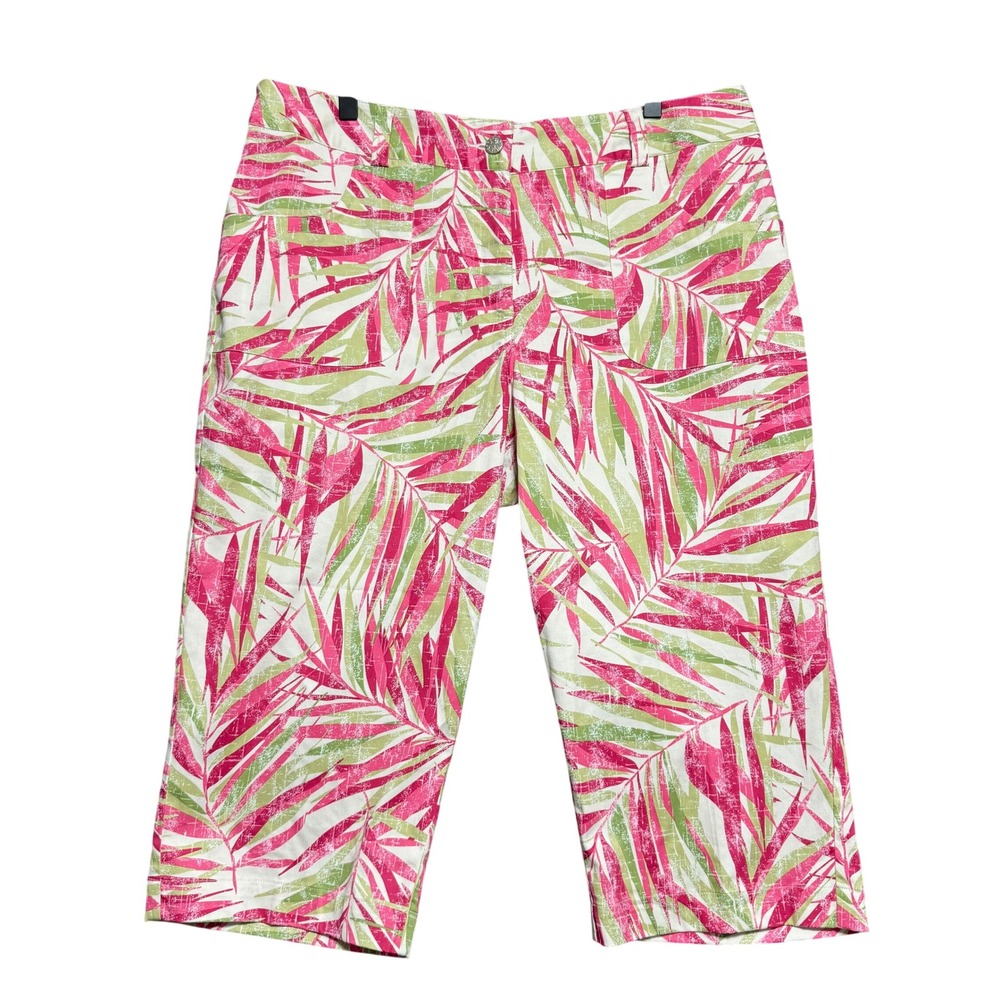 Brielle Blvd Capri Pants Women 14 Pink Green Tropical Palm Leaf Resortwear Beach